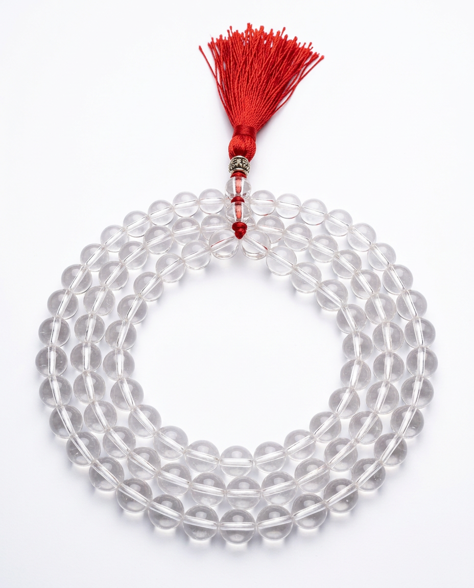 Clear Beaded Mala · Red Tassel